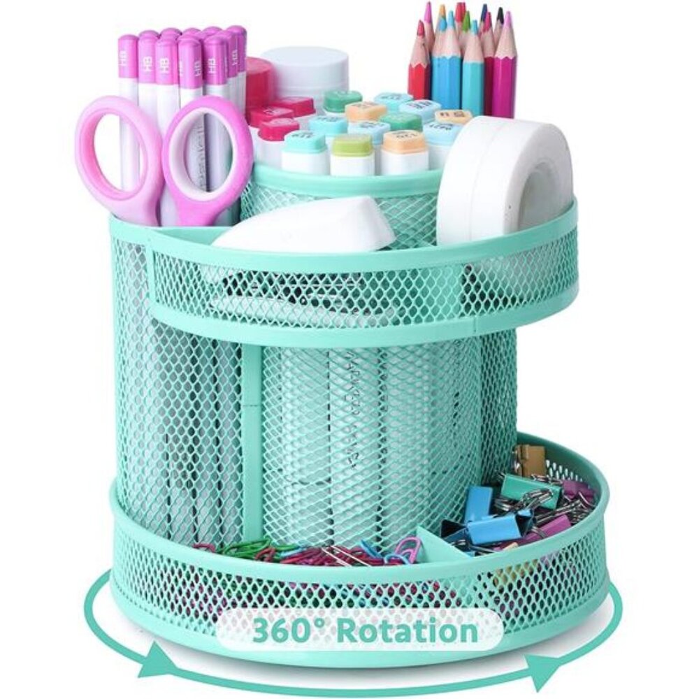 Teal Kawaii Desk Supplies and Accessories,Cute Spinning Pen/Pencil Organizer